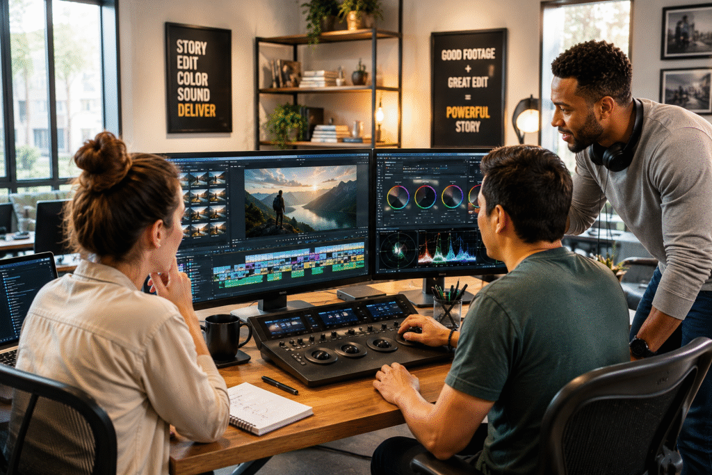 Creative team in video editing studio