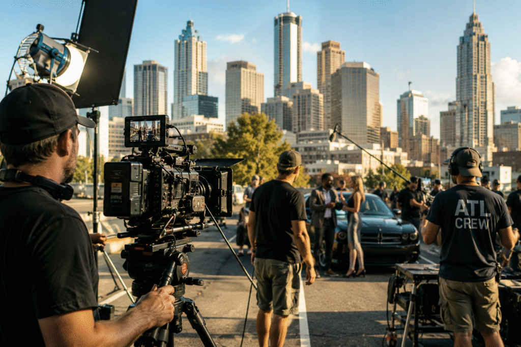 Professional film crew producing commercial video content in Atlanta’s urban production environment.