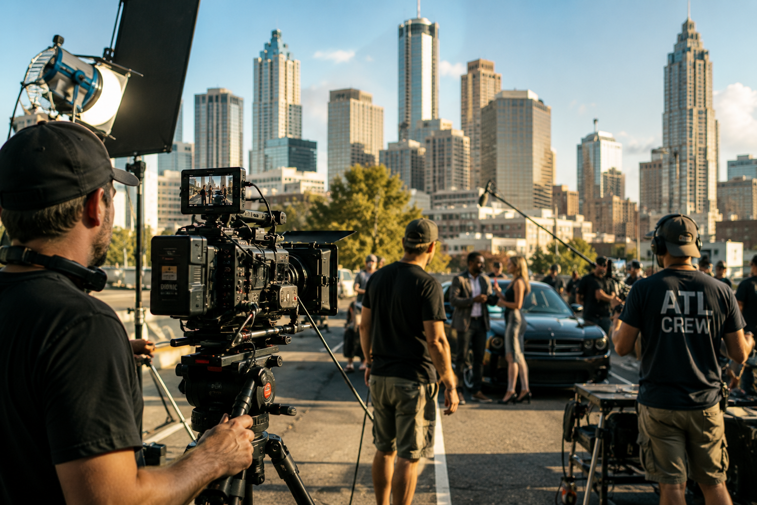 Professional film crew producing commercial video content in Atlanta’s urban production environment.