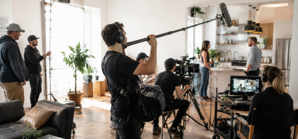Professional sound crew capturing audio during a commercial video production shoot on set.