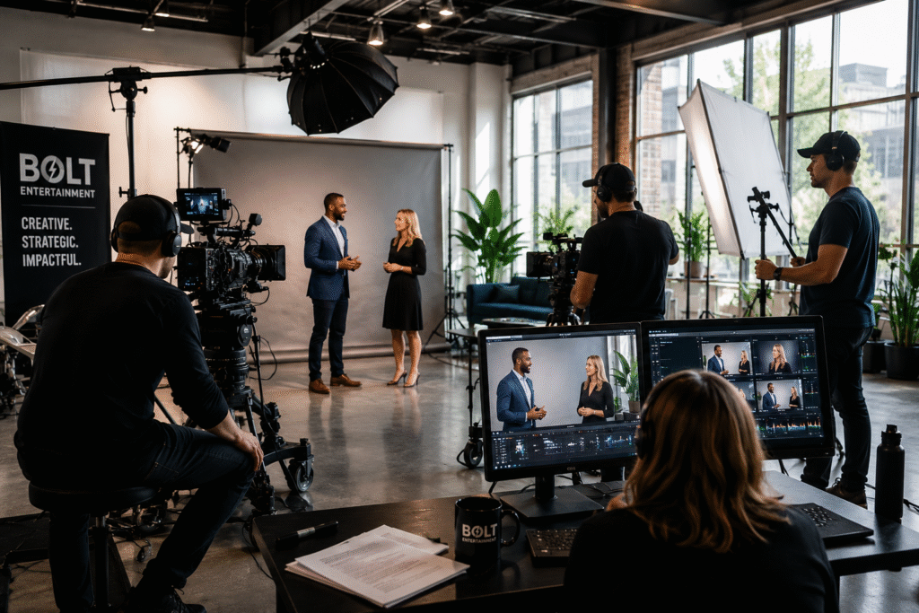 Professional video production team filming branded content.