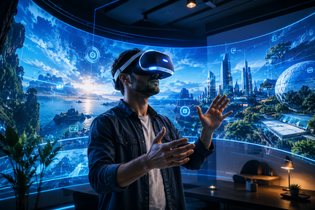 Person experiencing immersive virtual reality and 360 digital environments through VR technology.