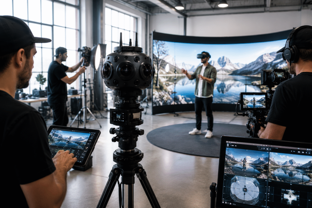 Professional crew filming immersive VR and 360 video content using advanced virtual reality production technology.