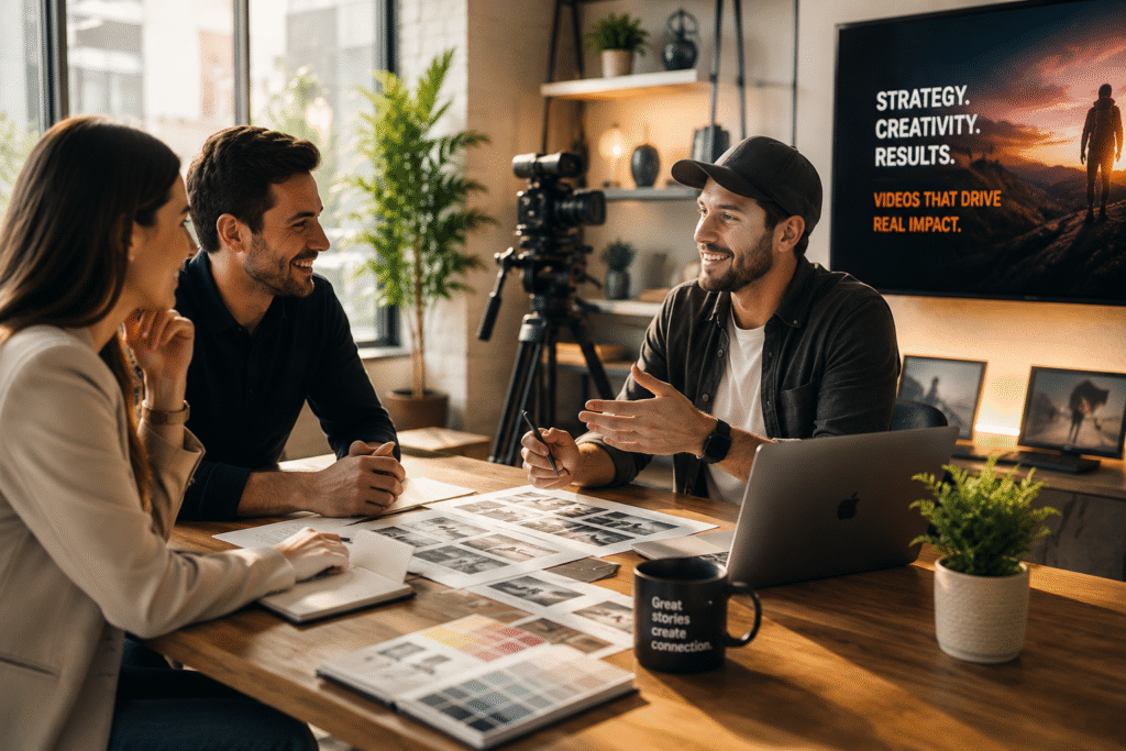 Creative team collaborating on a modern video marketing strategy for client growth and brand storytelling.