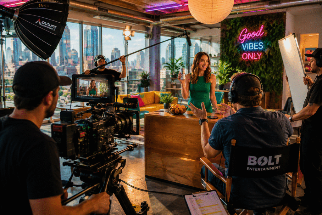 Commercial being filmed with on camera talent and production company and crew