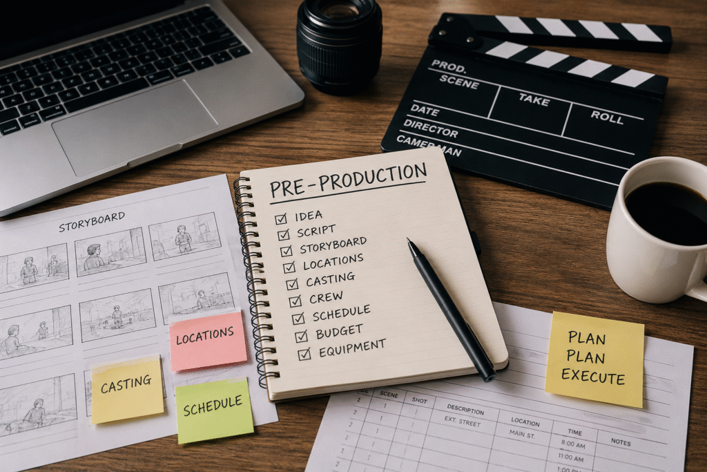 Creative film production workspace flat lay