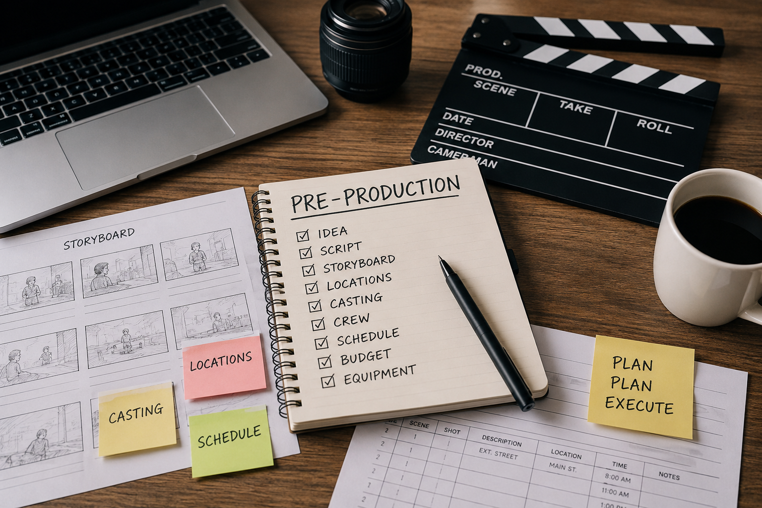 Creative film production workspace flat lay