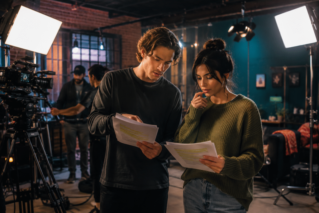 On-set rehearsal and script discussion