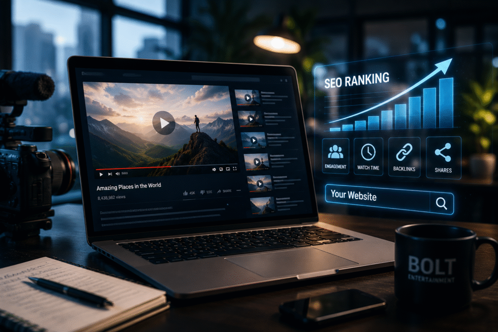 Digital marketing workspace with SEO graphics