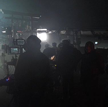 film production set scene at night