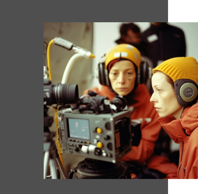 Two women looking at video camera