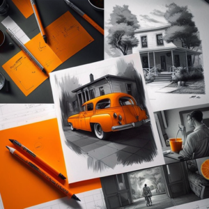 White grey orange colors yellow drawings real movie set image