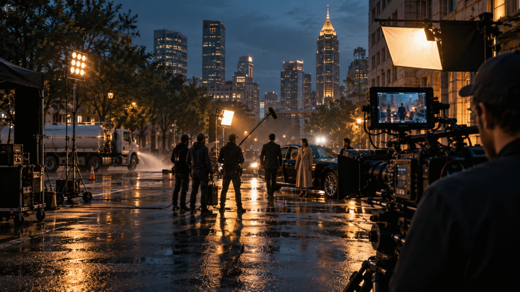 Illustration of a film crew, cinema camera and lighting on a wet city street at dusk