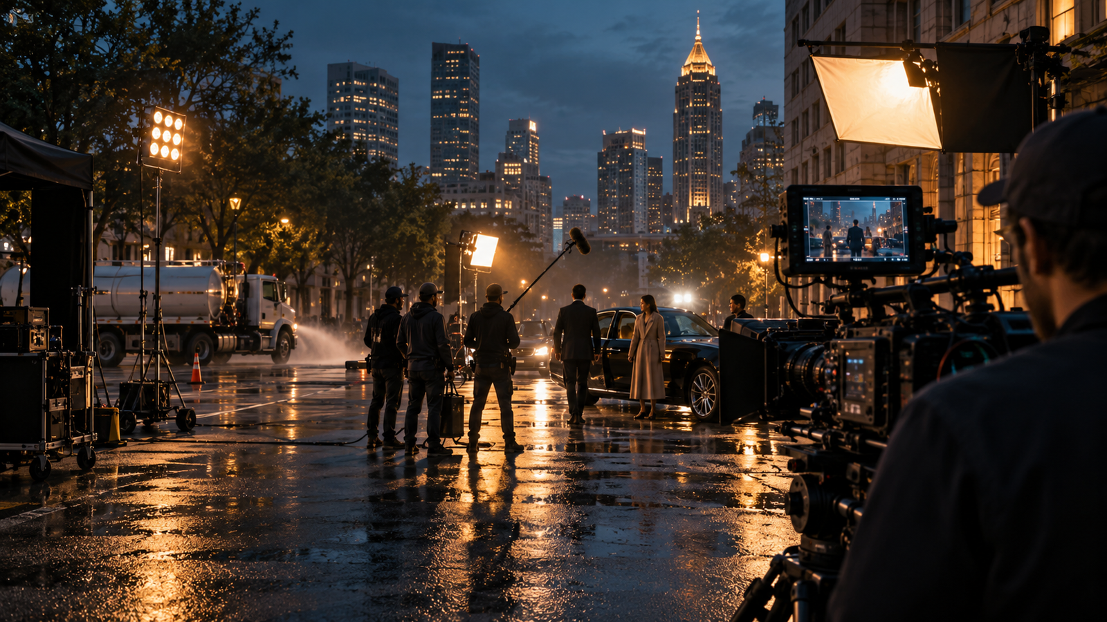 Illustration of a film crew, cinema camera and lighting on a wet city street at dusk