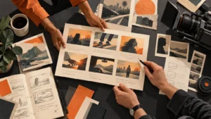 Illustration of agency and production collaborators comparing storyboard frames at a table