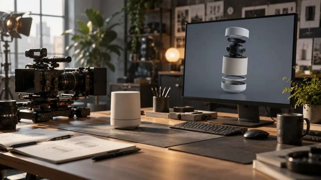 Illustrative studio camera beside a monitor showing an animated exploded product view