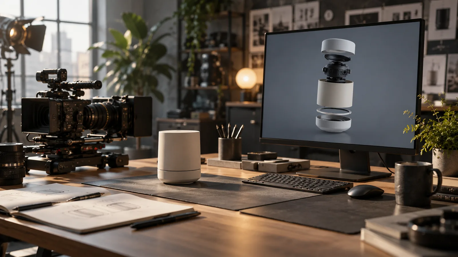 Illustrative studio camera beside a monitor showing an animated exploded product view