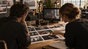 Illustrative creative team reviewing a brand film storyboard and scene references