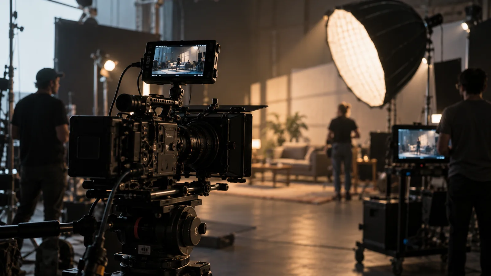 Illustrative cinema camera, production monitors and softbox lighting on a commercial studio set