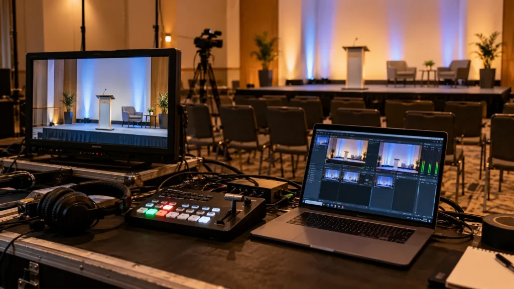 Video switcher, headphones and laptop overlooking an empty conference stage during rehearsal