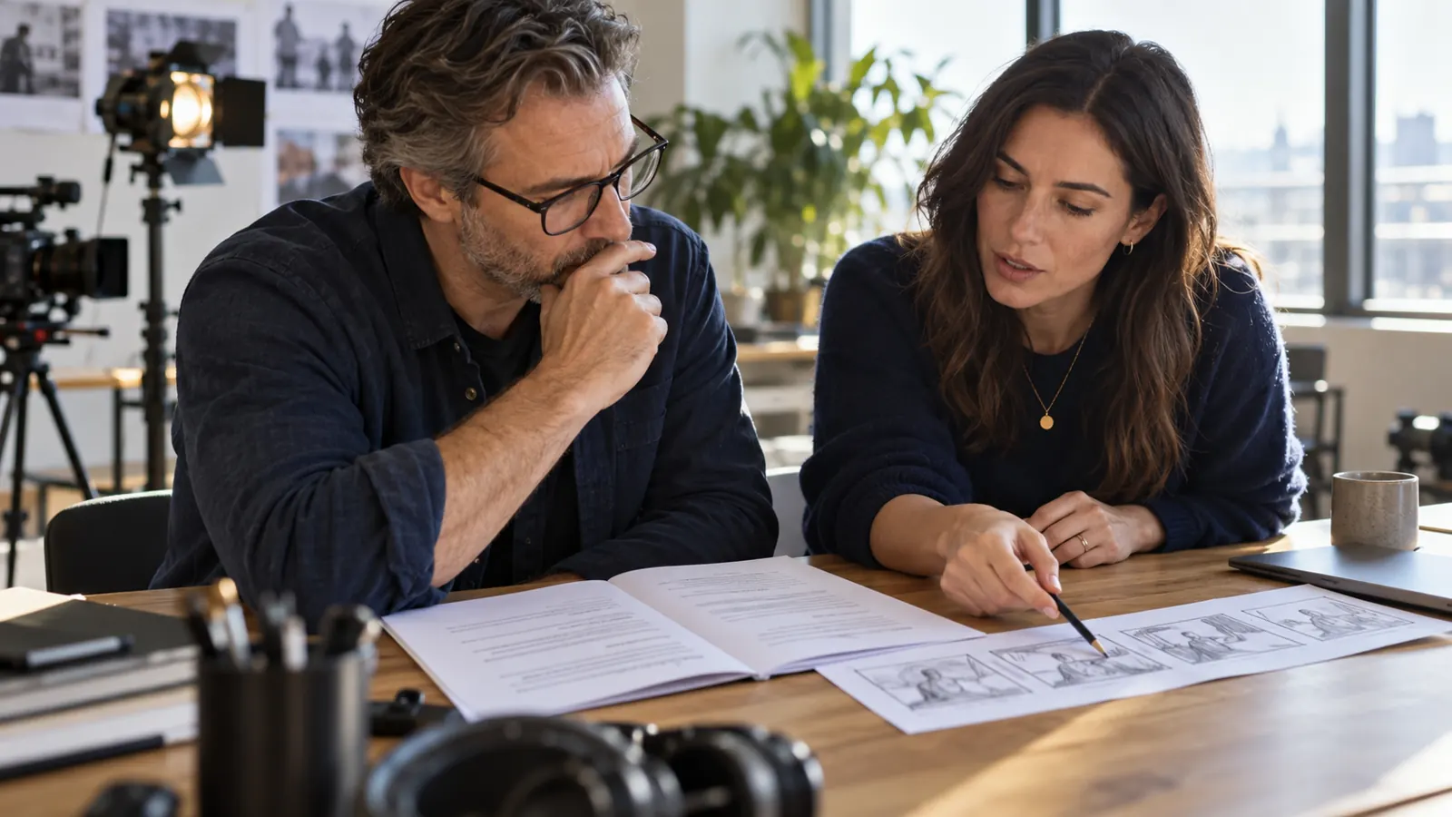 Illustrative producer and marketing lead reviewing a script beside storyboard sketches