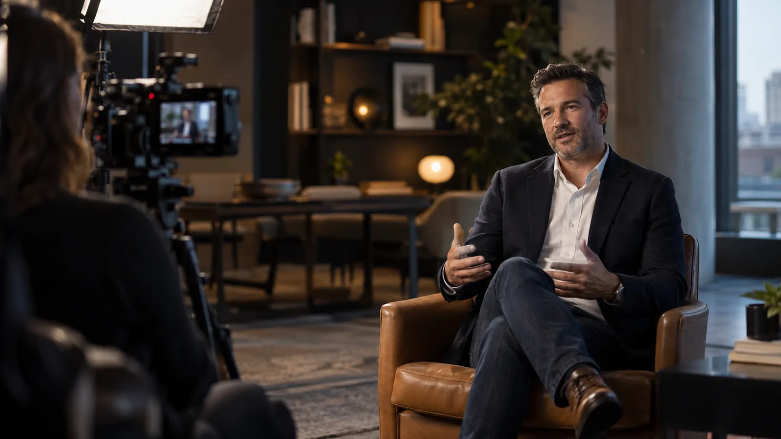 Illustrative customer interview with a cinema camera and soft lighting in a contemporary workplace