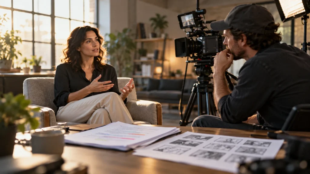 Illustrative interview subject speaking with a director beside a cinema camera and a prepared script