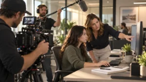 Illustrative camera crew filming a trainer demonstrating a workplace task to a new employee