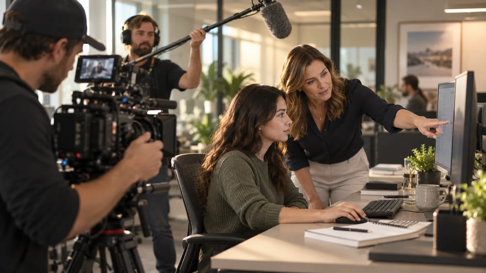 Illustrative camera crew filming a trainer demonstrating a workplace task to a new employee
