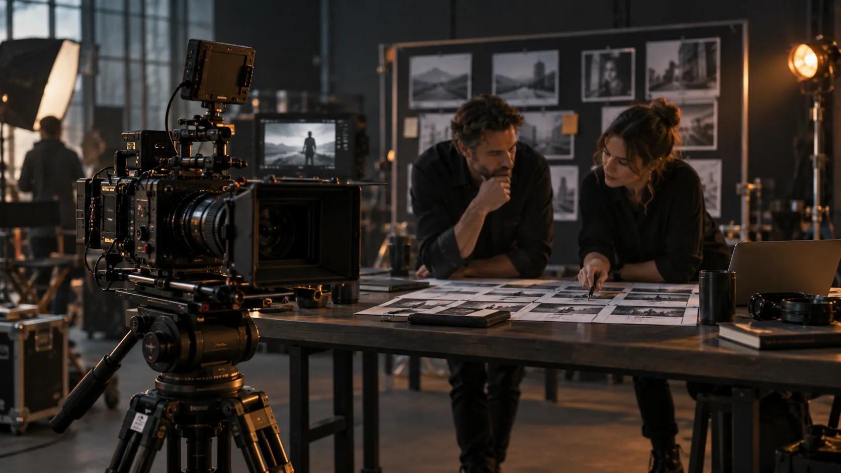 Cinema camera beside a director and producer reviewing storyboards in a production studio