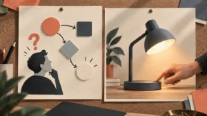 Two storyboard panels contrasting an abstract process explanation with a hand operating a desk lamp
