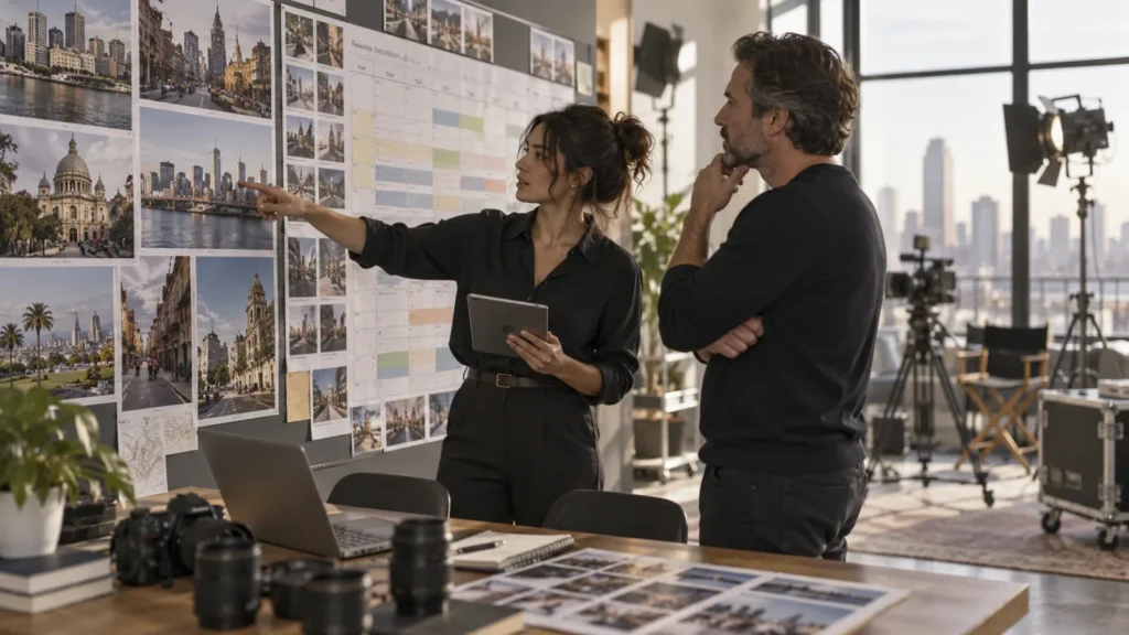 Illustrative production team reviewing city location photographs and a filming schedule
