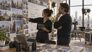 Illustrative production team reviewing city location photographs and a filming schedule