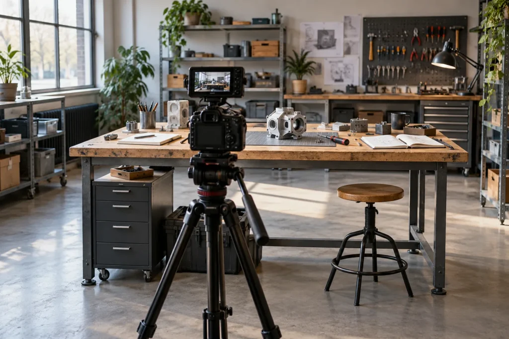 Documentary camera facing an ordinary workbench with tools and a product prototype in an illustrative workplace