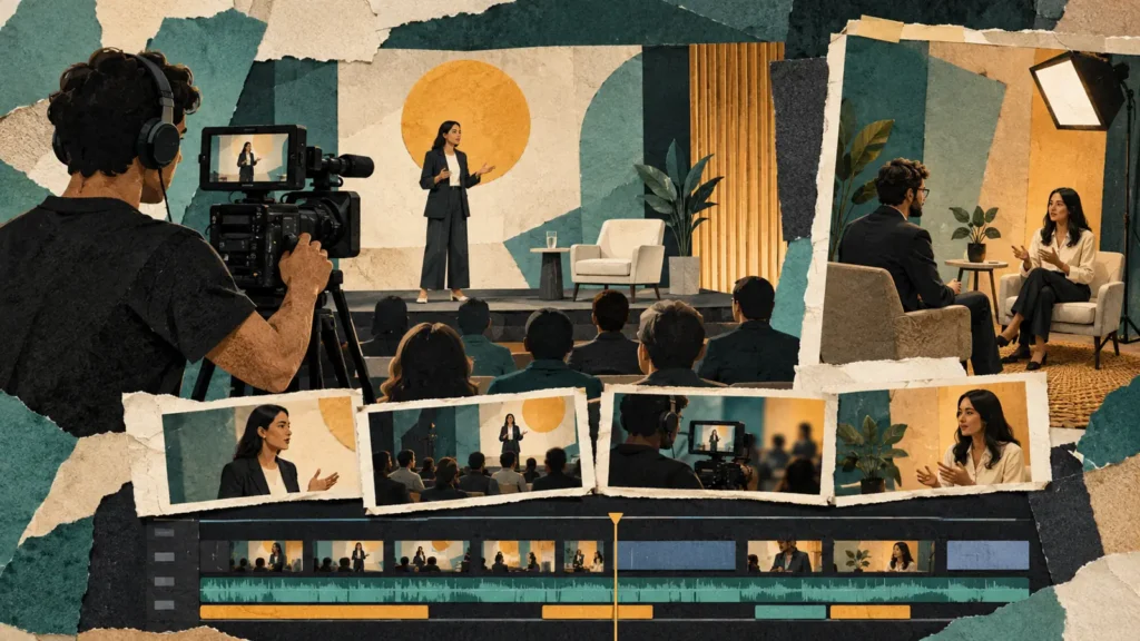 Illustration of an event camera operator filming a speaker with an adjacent interview area