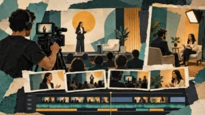 Illustration of an event camera operator filming a speaker with an adjacent interview area