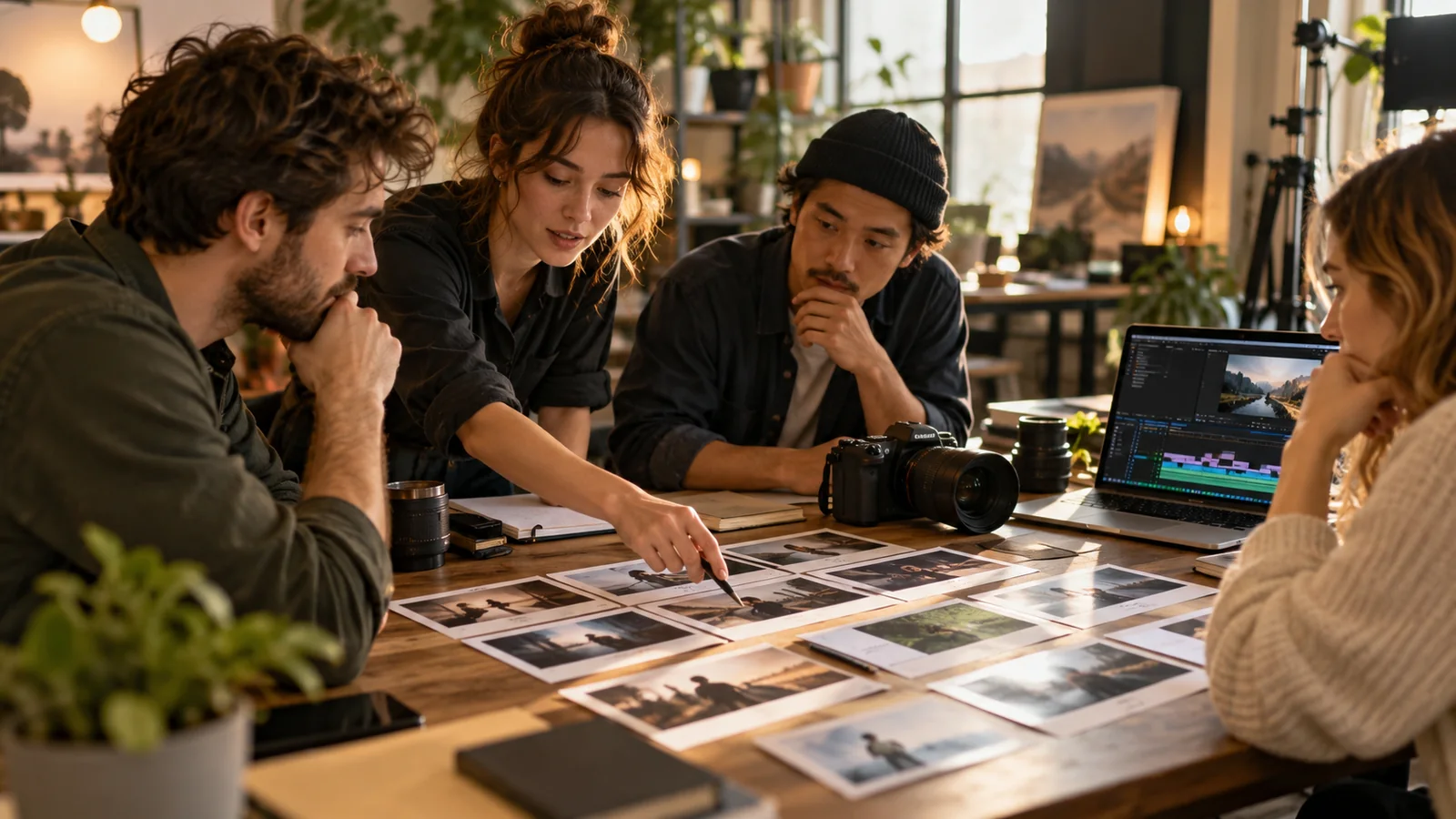 Illustrative production team planning a recurring video series with visual reference cards