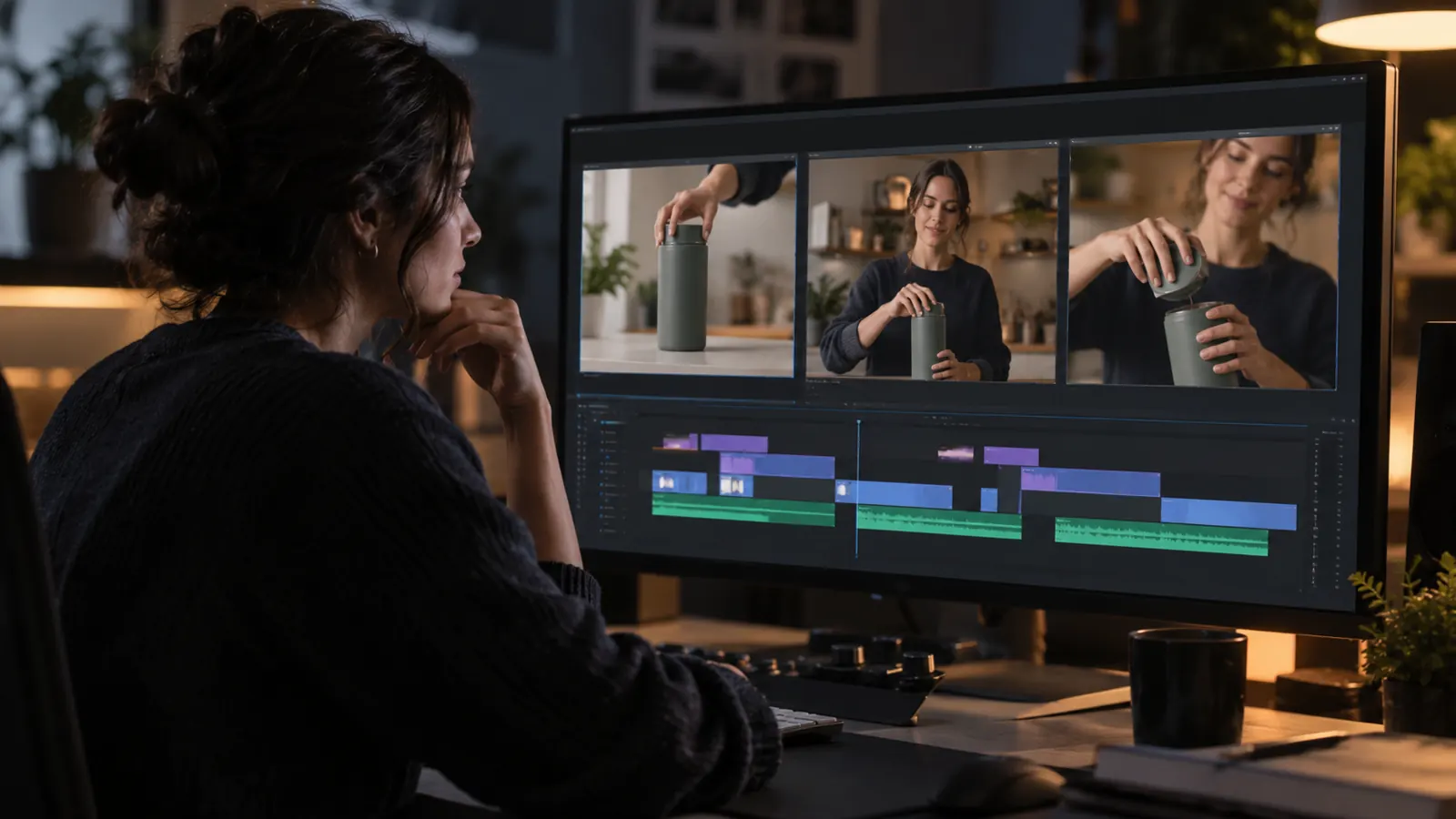 Illustrative editor comparing alternate product demonstration openings on a video timeline
