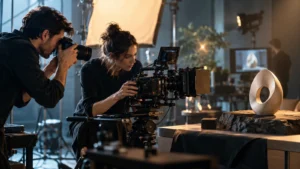 Illustrative still photographer and cinematographer coordinating a product shoot