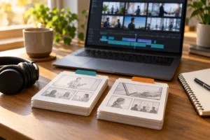 Illustrative editing desk with training storyboard cards, headphones and a laptop showing a blurred timeline