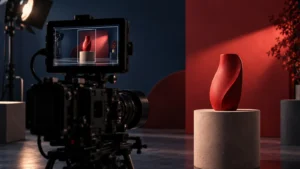 Illustrative cinema camera monitor showing wide composition and a nested portrait framing guide