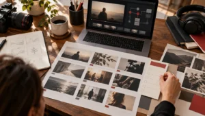 Storyboard and campaign measurement checklist beside a video preview on a producer desk