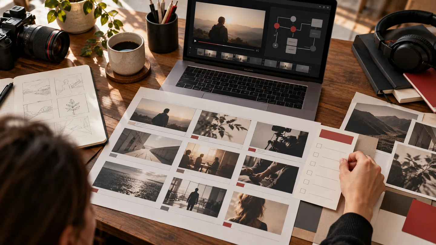 Storyboard and campaign measurement checklist beside a video preview on a producer desk