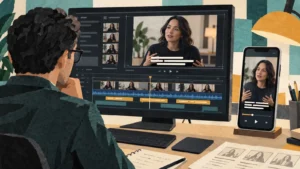Illustration of an editor reviewing caption timing on a monitor and a portrait video on a phone