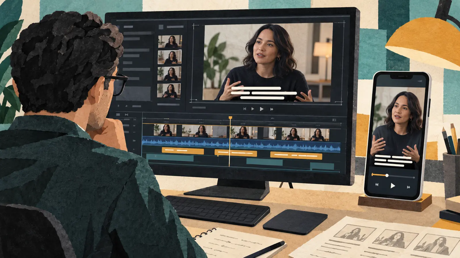 Illustration of an editor reviewing caption timing on a monitor and a portrait video on a phone