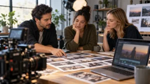 Illustrative producer and brand reviewers examining storyboard stills and a privacy-safe video preview