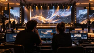 Illustrative event team reviewing stage-screen content at a technical rehearsal