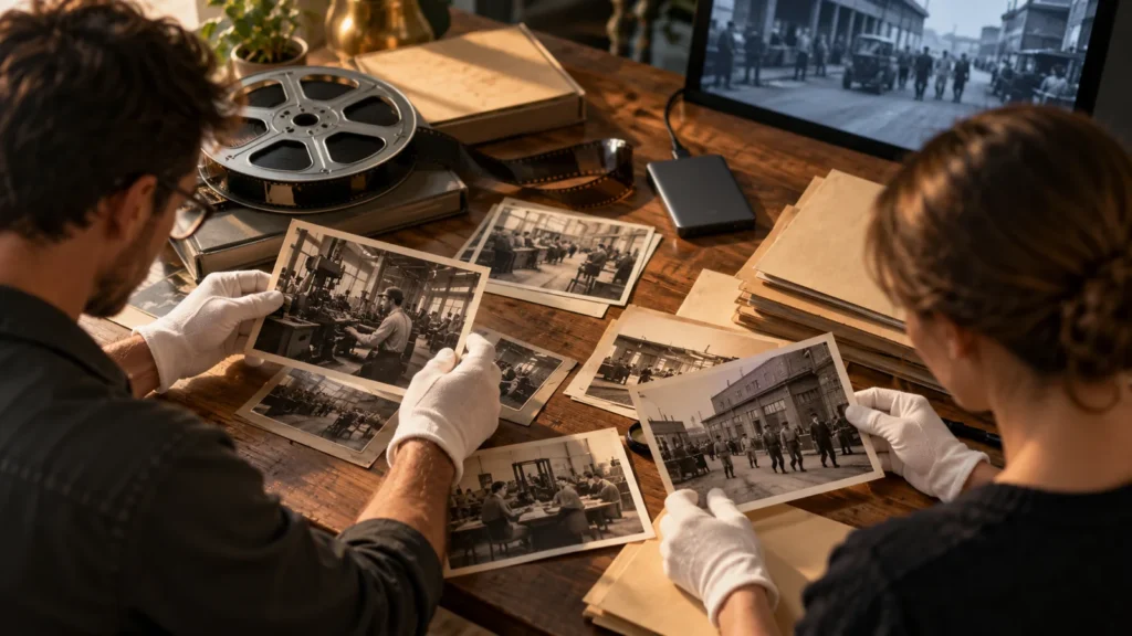 Illustrative archive team reviewing historical photographs and film material for a company-history edit