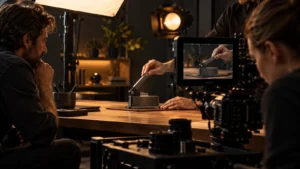 Illustrative camera crew filming a close demonstration of an unbranded mechanical product