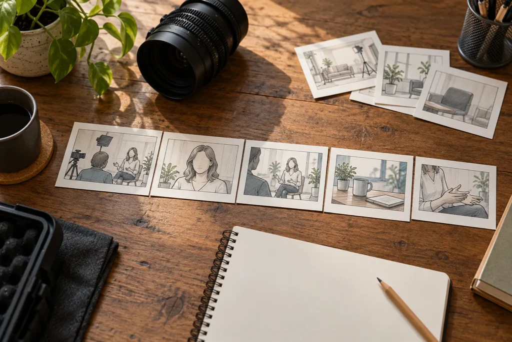 Storyboard cards and planning notebook arranged on a production desk, with optional scenes set aside